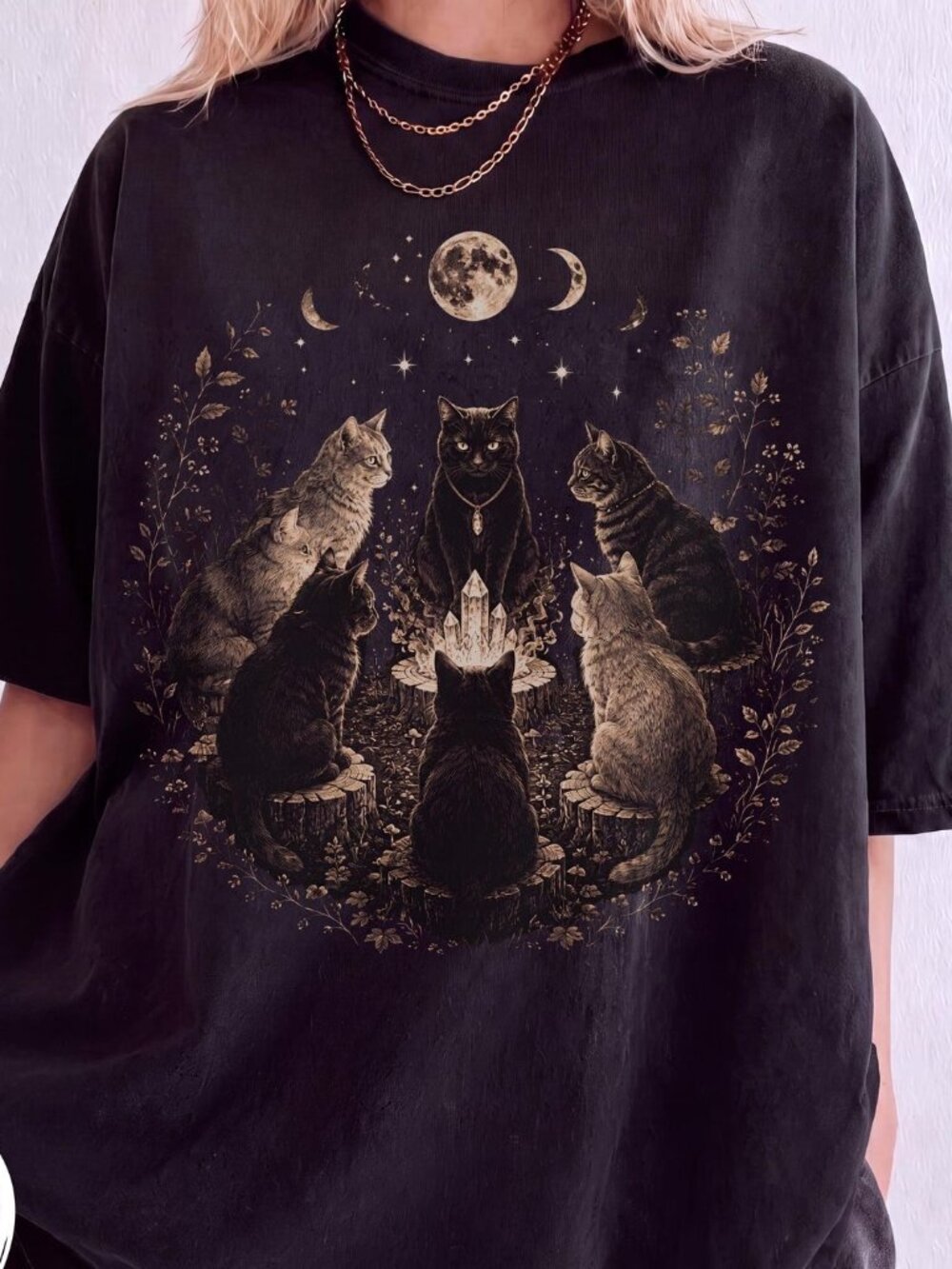 Cat Coven Mystical Black Cat Graphic Tee, Witchy Moon Phase Shirt